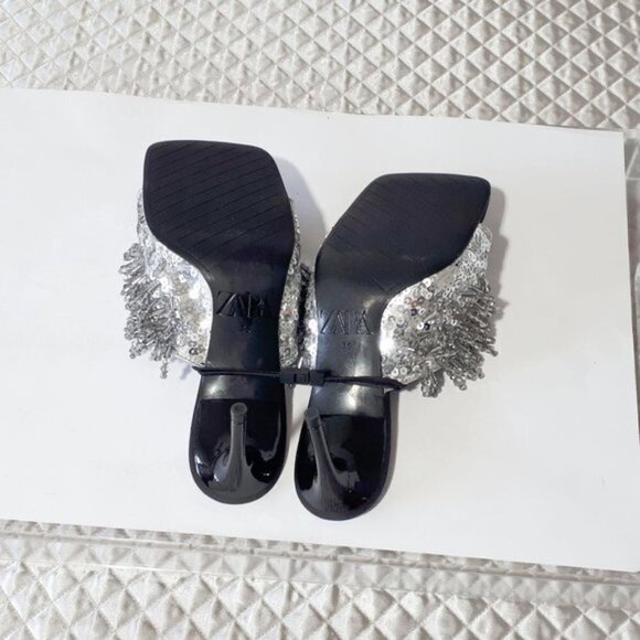 NWT Zara black, grey & silver beaded strap heeled sandals - Picture 16 of 16